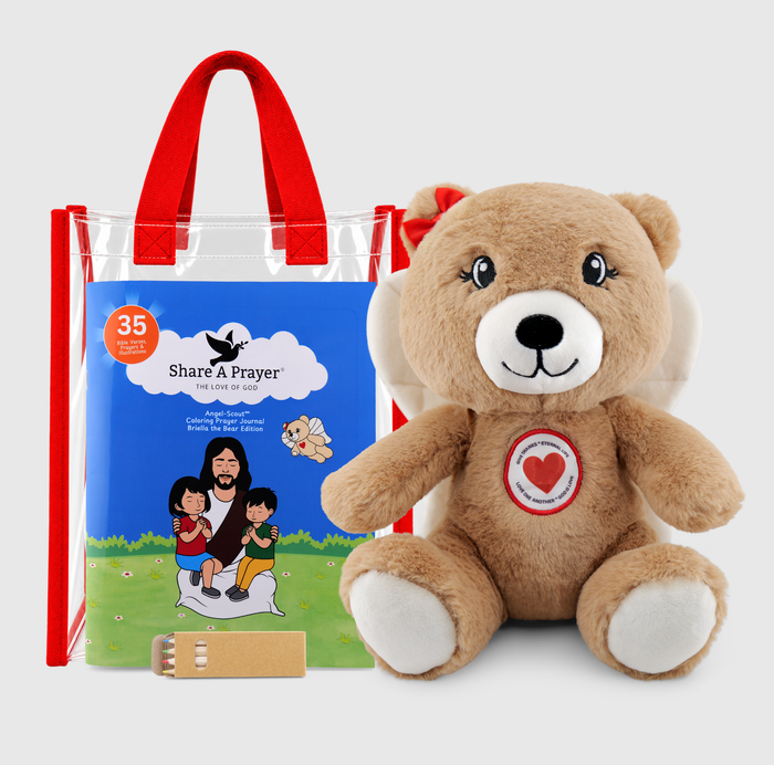 Angel-Scout™ Gift Set, Briella the Bear Edition | The Love of God | Plush Prayer • Coloring Prayer Journal • Tote • Pencils