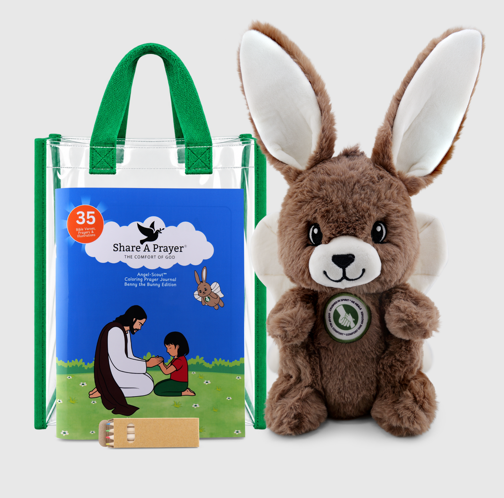 Angel-Scout™ Gift Set, Benny the Bunny Edition | The Comfort of God | Plush Prayer • Coloring Prayer Journal • Tote • Pencils