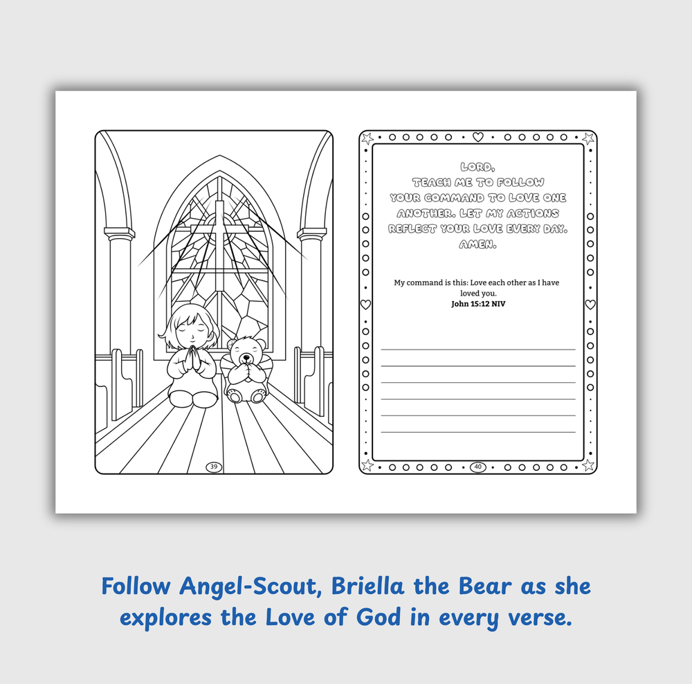 Angel-Scout™ Briella the Bear | Coloring Prayer Journal Set | The Love of God