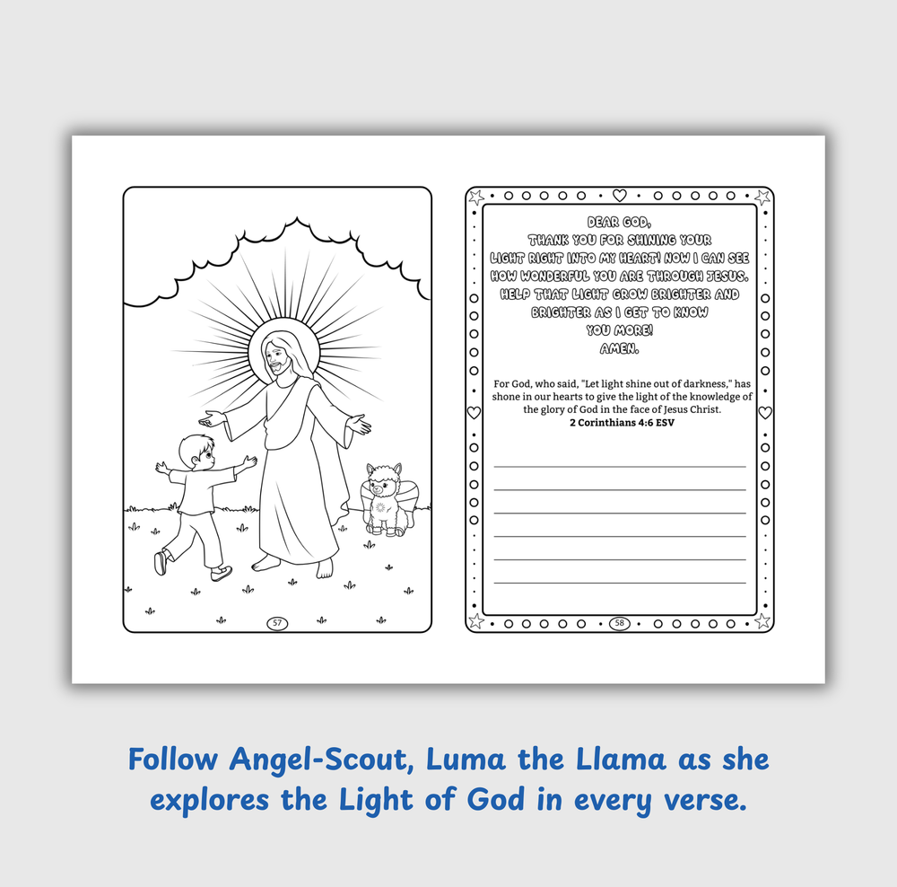 Angel-Scout™ Luma the Llama | Coloring Prayer Journal Set | The Light of God