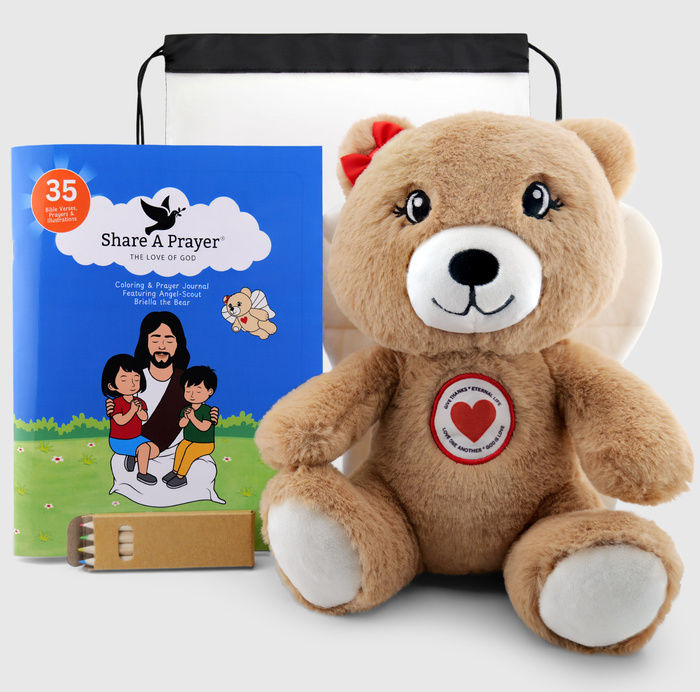 Angel-Scout™ Briella the Bear Gift Set | Plush Prayer Companion • Coloring Prayer Journal • Backpack • Pencils
