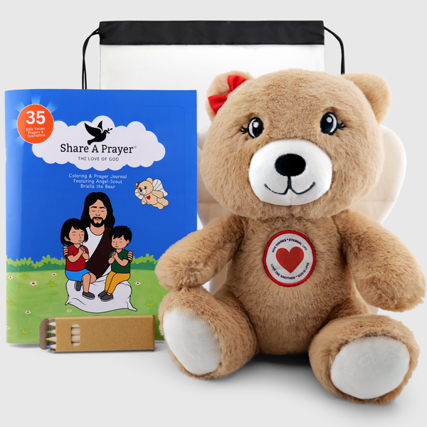 Angel-Scout™ Briella the Bear Gift Set | Plush Prayer Companion • Coloring Prayer Journal • Backpack • Pencils