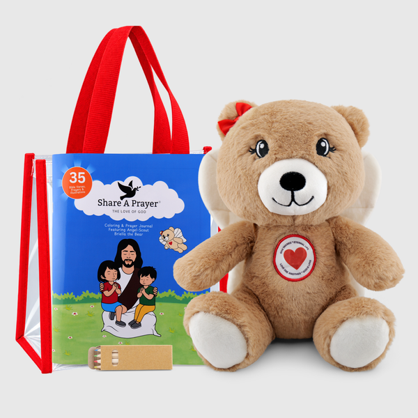 Angel-Scout™ Briella the Bear Gift Set | Plush Prayer Companion • Coloring Prayer Journal • Backpack • Pencils