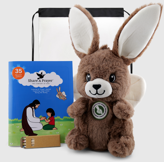 Angel-Scout™ Benny the Bunny Gift Set | Plush Prayer Companion • Coloring Prayer Journal • Backpack • Pencils