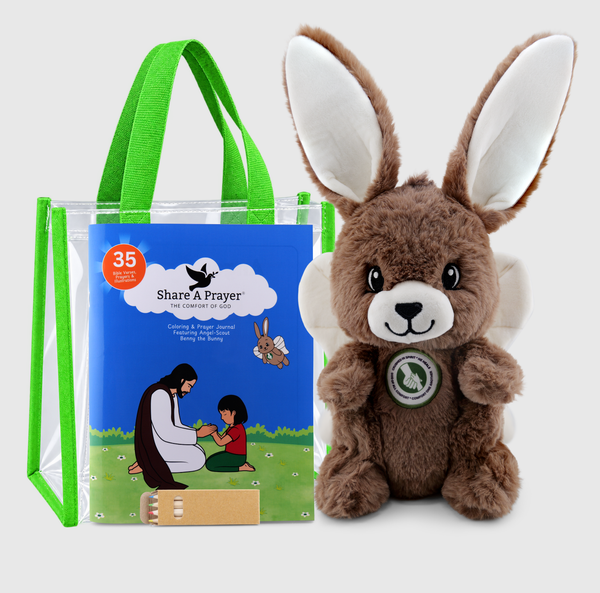 Angel-Scout™ Benny the Bunny Gift Set | Plush Prayer Companion • Coloring Prayer Journal • Tote • Pencils