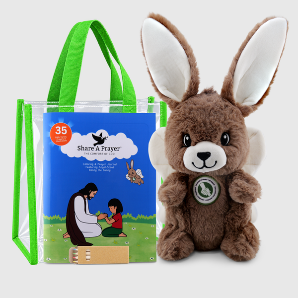 Angel-Scout™ Benny the Bunny Gift Set | Plush Prayer Companion • Coloring Prayer Journal • Backpack • Pencils