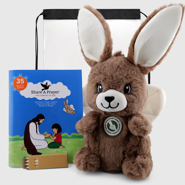 Angel-Scout™ Benny the Bunny Gift Set | Plush Prayer Companion • Coloring Prayer Journal • Backpack • Pencils
