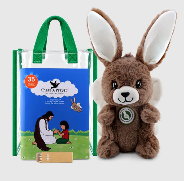 Angel-Scout™ Gift Set, Benny the Bunny Edition | The Comfort of God | Plush Prayer • Coloring Prayer Journal • Tote • Pencils