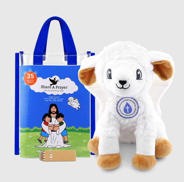 Angel-Scout™ Gift Set, Liam the Lamb Edition | The Salvation of God | Plush Prayer • Coloring Prayer Journal • Tote • Pencils