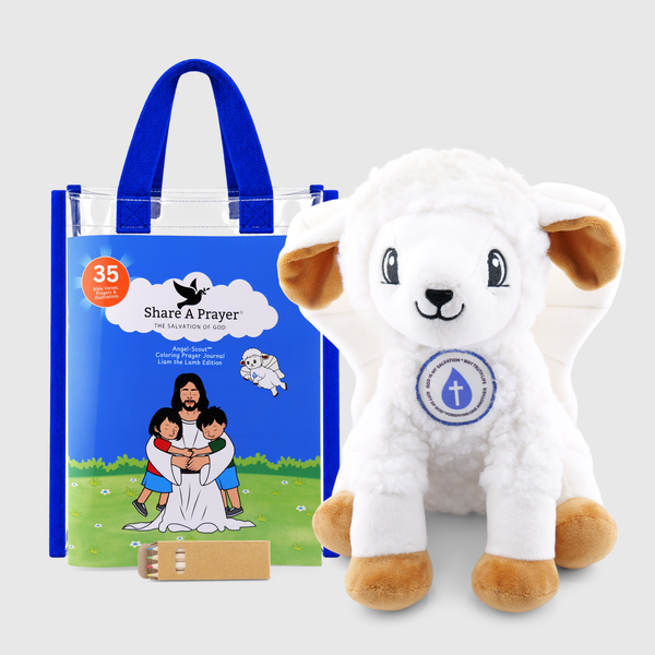 Angel-Scout™ Gift Set, Liam the Lamb Edition | The Salvation of God | Plush Prayer • Coloring Prayer Journal • Tote • Pencils
