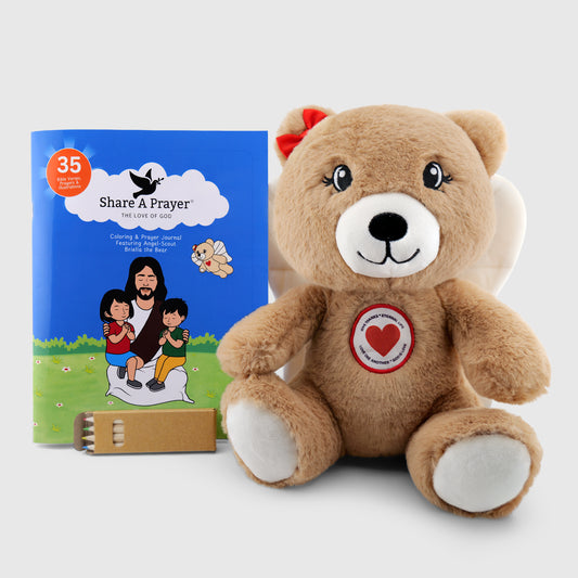 Angel-Scout Briella the Bear Gift Set – Plush Prayer Toy, Coloring & Prayer Journal, Backpack + Pencils