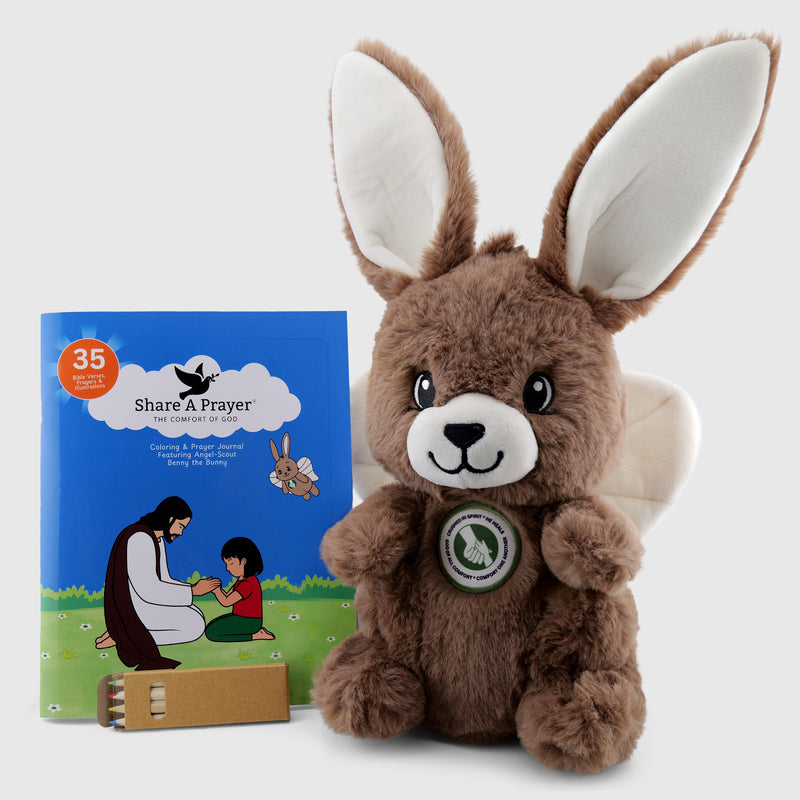 Angel-Scout Benny the Bunny Gift Set – Plush Prayer Toy, Coloring & Prayer Journal, Backpack + Pencils